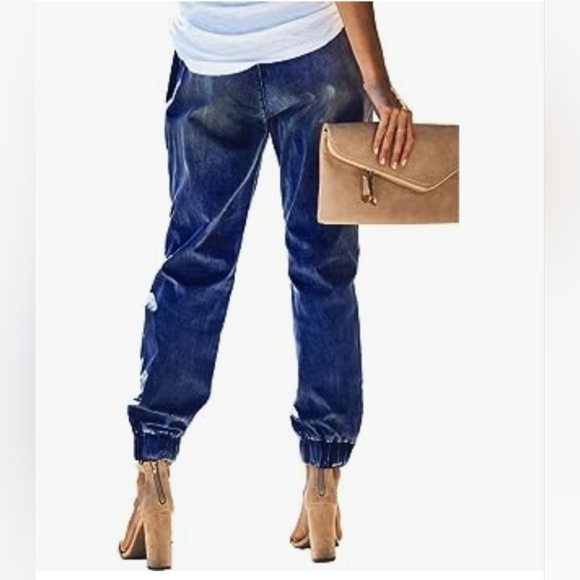 Women Pull-on Distressed Denim Joggers Elastic Waist Stretch Pants/ MEDIUM/NWOT - Picture 2 of 14